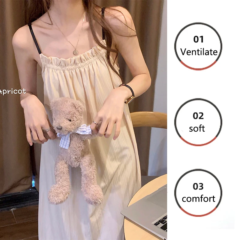 Girl Korean Chic Healing Princess Style Ruffled Simple Sweet Pajamas Women Summer Autumn Sling Mid-Length Nightgown Homewear thumbnail 4