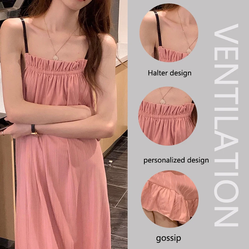 Girl Korean Chic Healing Princess Style Ruffled Simple Sweet Pajamas Women Summer Autumn Sling Mid-Length Nightgown Homewear thumbnail 2