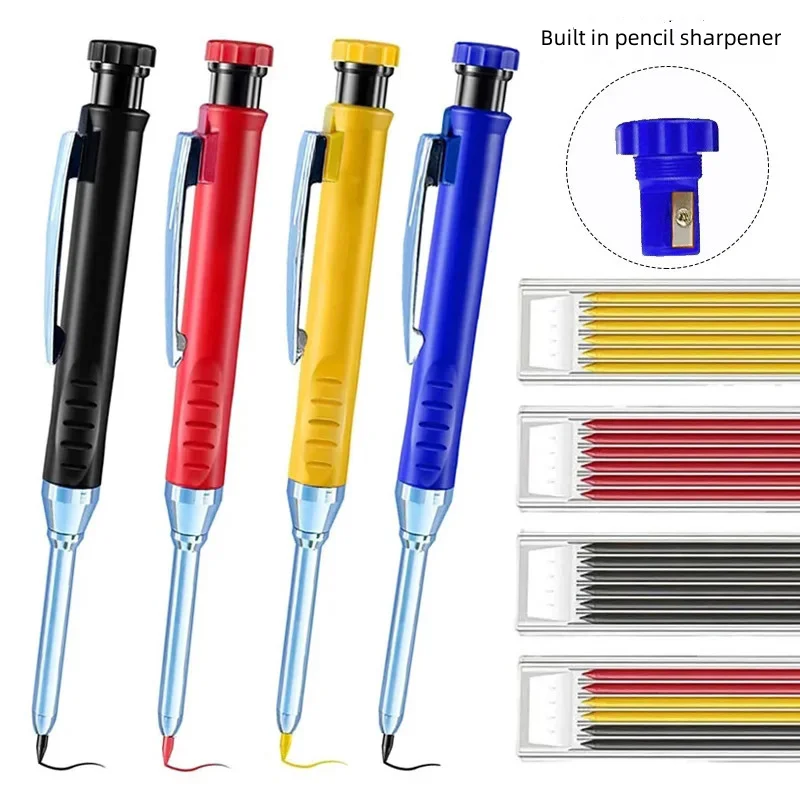 Solid Carpenter Mechanical Pencil with Refill Lead Built-in Sharpener Deep Hole Pen Woodworking Stationary School Office Supply