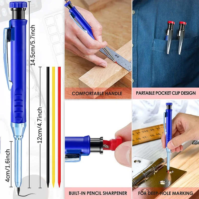 Solid Carpenter Mechanical Pencil with Refill Lead Built-in Sharpener Deep Hole Pen Woodworking Stationary School Office Supply thumbnail 5