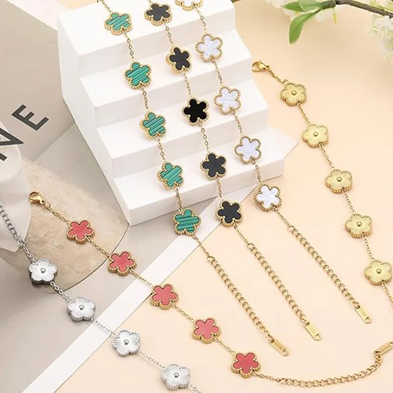 Lucky Clover Women's Hand Bracelets Double Sided Flowers Jewellery Gifts Stainless Steel Bracelet Gold Plated Bracelets Man thumbnail 4
