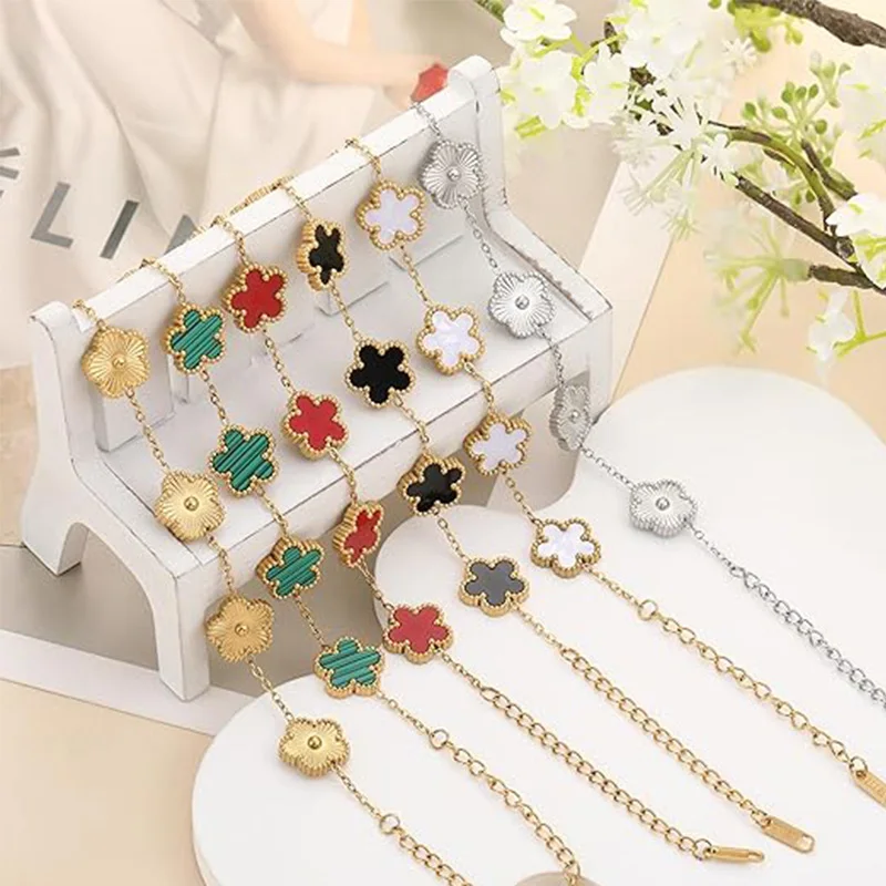 Lucky Clover Women's Hand Bracelets Double Sided Flowers Jewellery Gifts Stainless Steel Bracelet Gold Plated Bracelets Man thumbnail 3