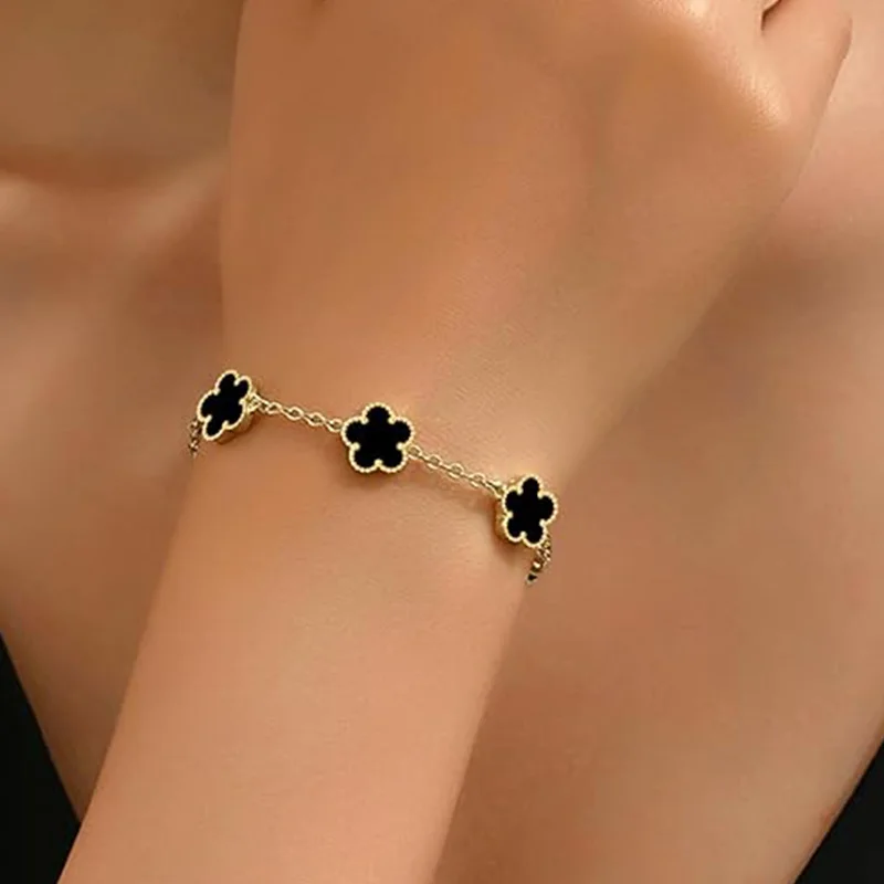 Lucky Clover Women's Hand Bracelets Double Sided Flowers Jewellery Gifts Stainless Steel Bracelet Gold Plated Bracelets Man thumbnail 5