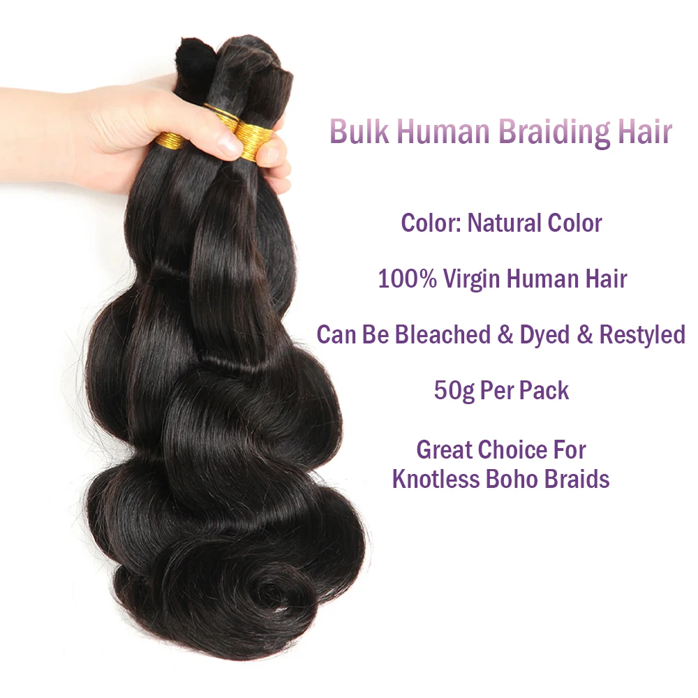 Body Wave No Weft Braids Human Hair Extensions Bulk Human Hair Bundles 16''-26'' Natural Black Virgin Hair Bulk For Braiding thumbnail 3