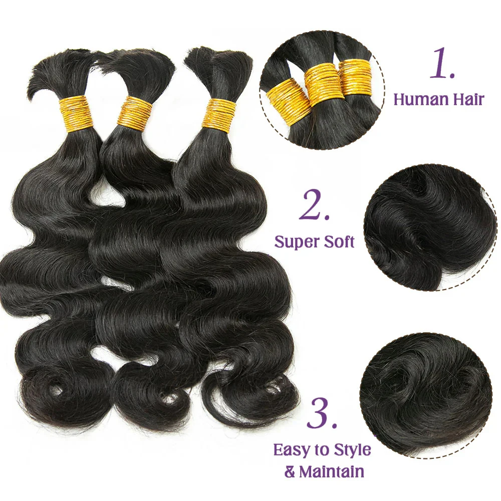 Body Wave No Weft Braids Human Hair Extensions Bulk Human Hair Bundles 16''-26'' Natural Black Virgin Hair Bulk For Braiding thumbnail 2