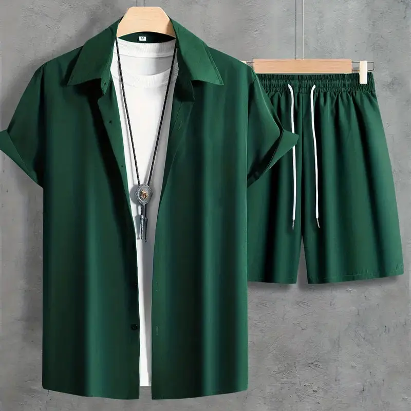 Fashion Summer Men's Short Sleeve Shorts Set Men's Solid Colour Button Down Shirt Drawstring Short Two Piece Hawaii Beach Suit thumbnail 3