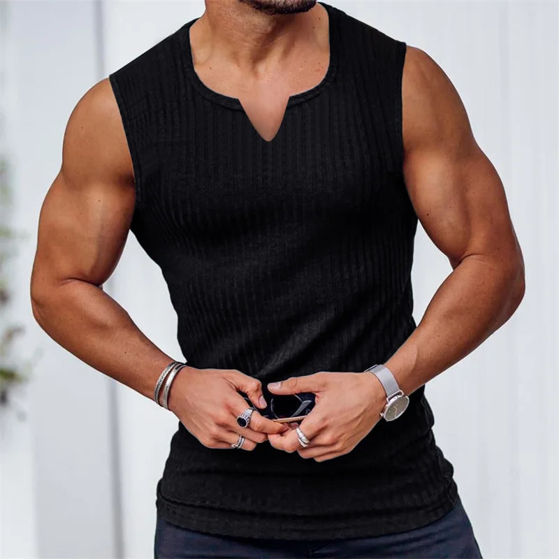 2024 Summer new men V-neck Vest stripe gym Tank top Men Fitness sleeveless shirt Sports Undershirt Gyms clothing Training vest thumbnail 3