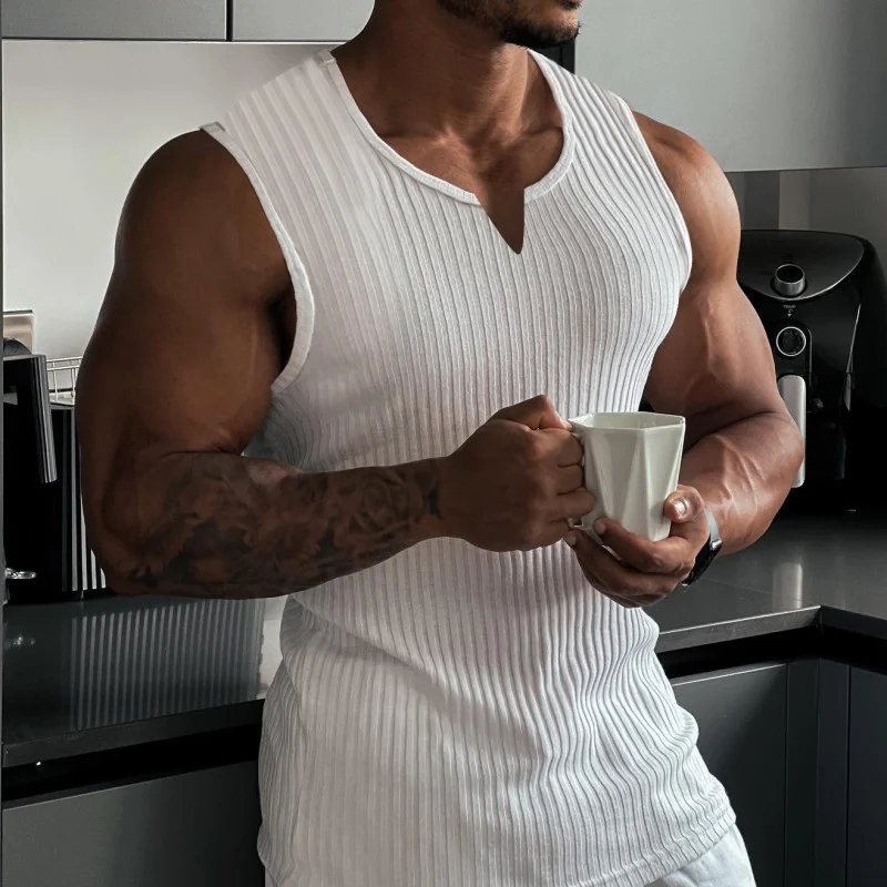 2024 Summer new men V-neck Vest stripe gym Tank top Men Fitness sleeveless shirt Sports Undershirt Gyms clothing Training vest thumbnail 2