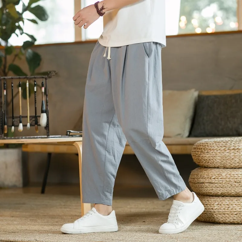 New Men's Linen Lightweight  Sweatpants Cotton Solid Color Breathable Joggers Men Baggy Pants Streetwear Long Trousers Men thumbnail 5
