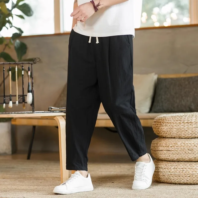 New Men's Linen Lightweight  Sweatpants Cotton Solid Color Breathable Joggers Men Baggy Pants Streetwear Long Trousers Men thumbnail 2