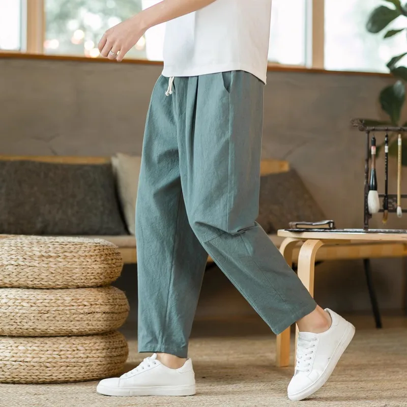 New Men's Linen Lightweight  Sweatpants Cotton Solid Color Breathable Joggers Men Baggy Pants Streetwear Long Trousers Men thumbnail 3