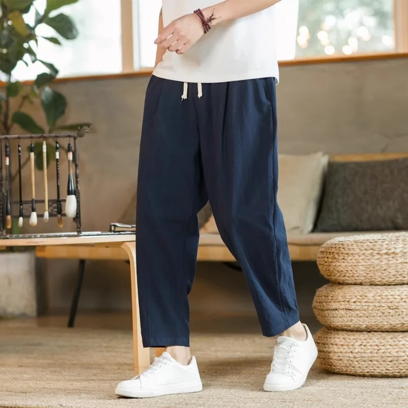 New Men's Linen Lightweight  Sweatpants Cotton Solid Color Breathable Joggers Men Baggy Pants Streetwear Long Trousers Men thumbnail 4