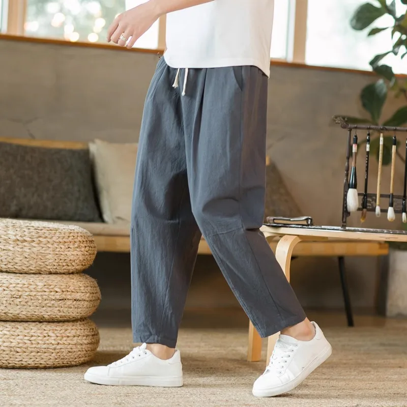 New Men's Linen Lightweight  Sweatpants Cotton Solid Color Breathable Joggers Men Baggy Pants Streetwear Long Trousers Men thumbnail 6