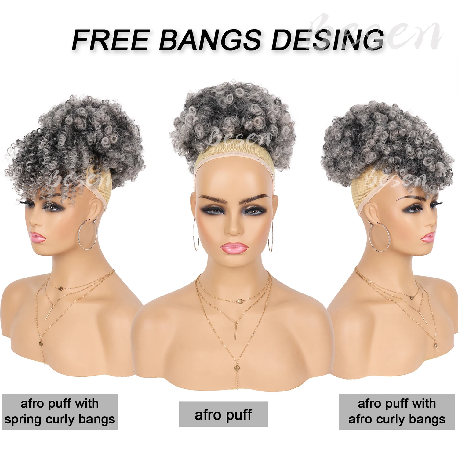 Synthetic Afro Puff Drawstring Ponytail with Replaceable Bangs Short Afro High Puff Bun with 2 Bangs Hair Bun Clip in Hairpieces thumbnail 6