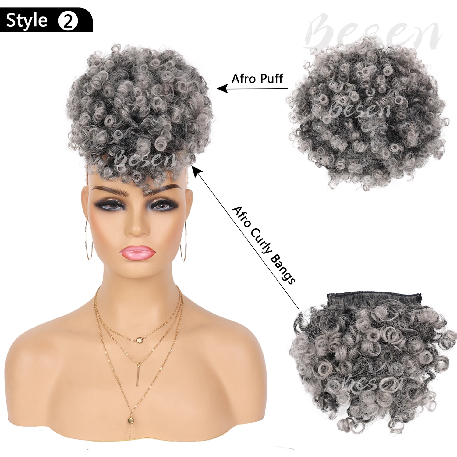 Synthetic Afro Puff Drawstring Ponytail with Replaceable Bangs Short Afro High Puff Bun with 2 Bangs Hair Bun Clip in Hairpieces thumbnail 3