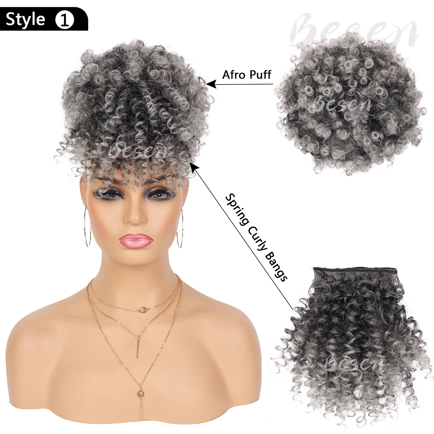 Synthetic Afro Puff Drawstring Ponytail with Replaceable Bangs Short Afro High Puff Bun with 2 Bangs Hair Bun Clip in Hairpieces thumbnail 2