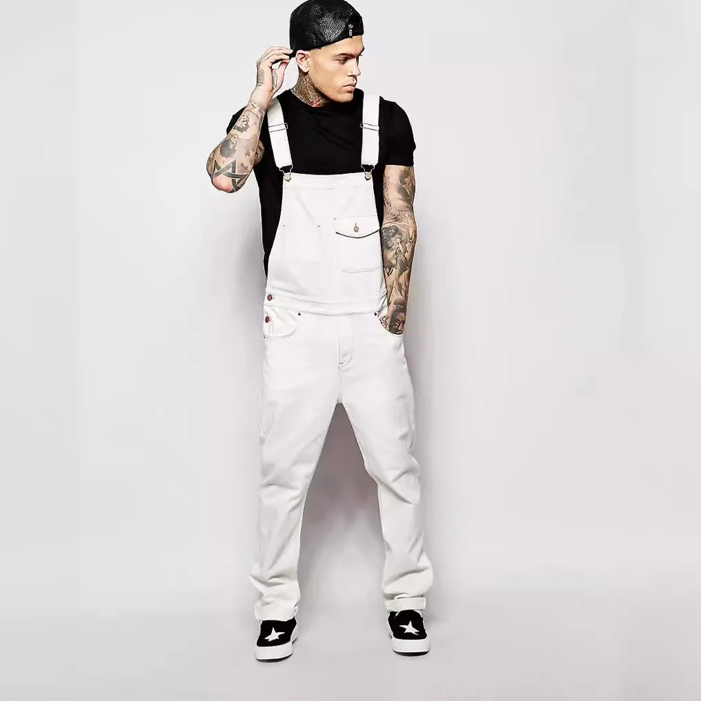 2024 Men Stylish Slim Biker Jeans Bib Overalls Jumpsuits jeans Man Streetwear Casual Stretch Ripped Dungarees Male Strap Jeans