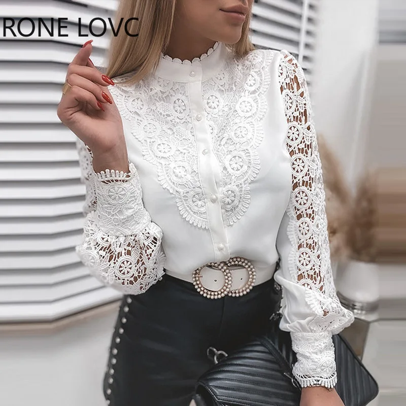 Shirts Elegant Office Ladies White Collared Lace Patchwork Hollow Out Button Up Womens Tops And Blouses 2024 Fashion New Blouse thumbnail 2