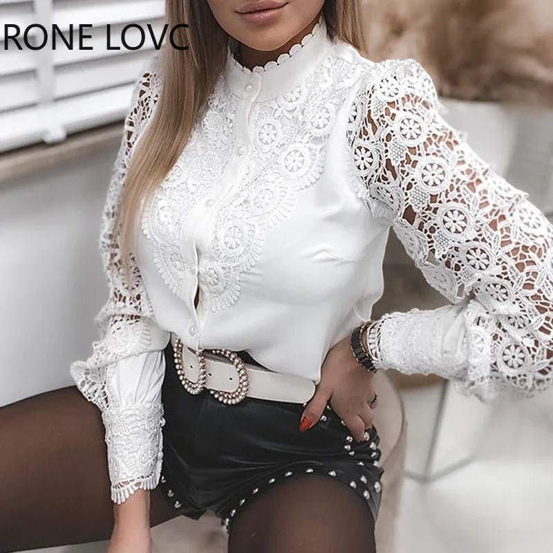 Shirts Elegant Office Ladies White Collared Lace Patchwork Hollow Out Button Up Womens Tops And Blouses 2024 Fashion New Blouse thumbnail 4