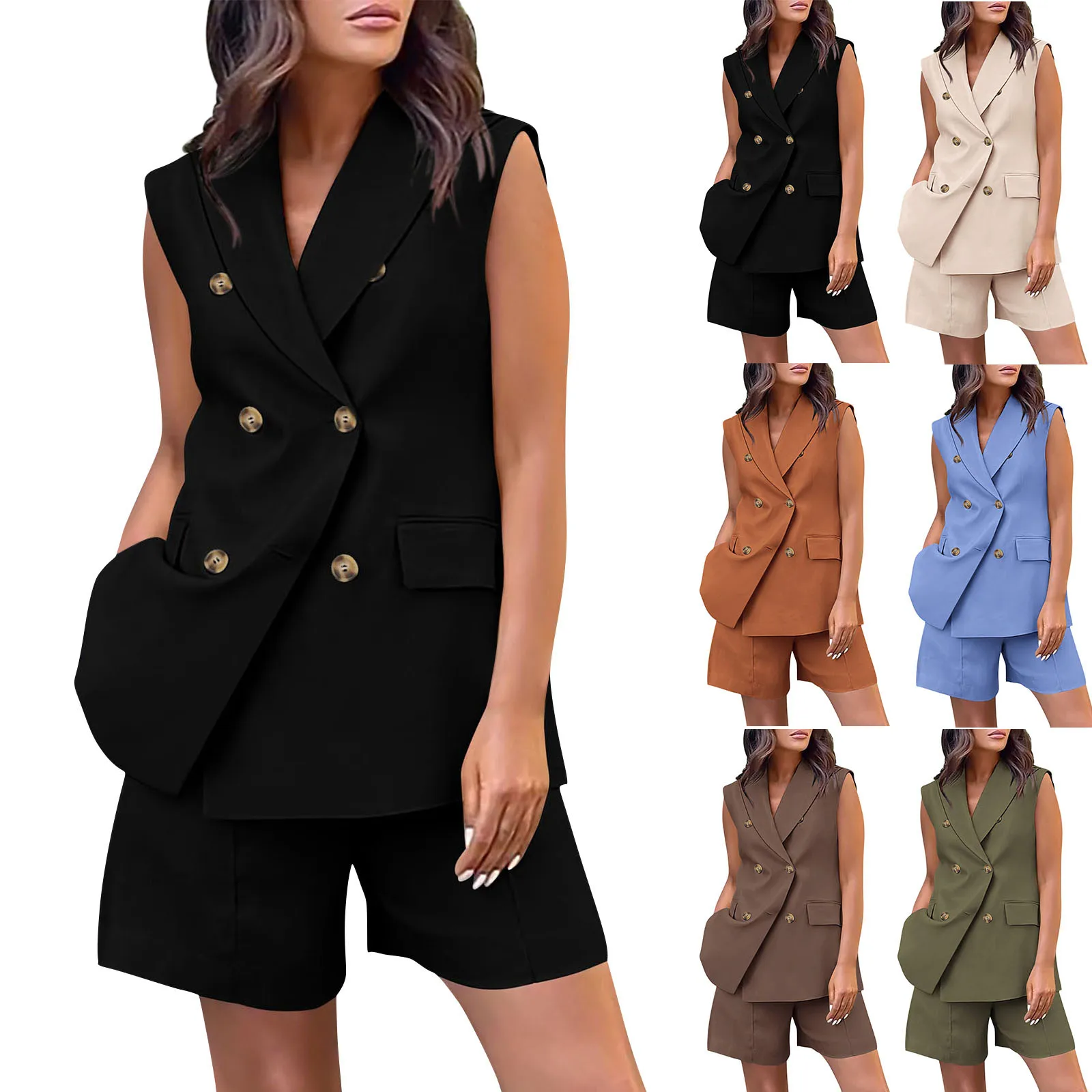 Spring Summer Women Office Shorts Suit Set Solid Khaki Sleeveless Halter Outfit 2 Piece Matching Sets For Women thumbnail 2