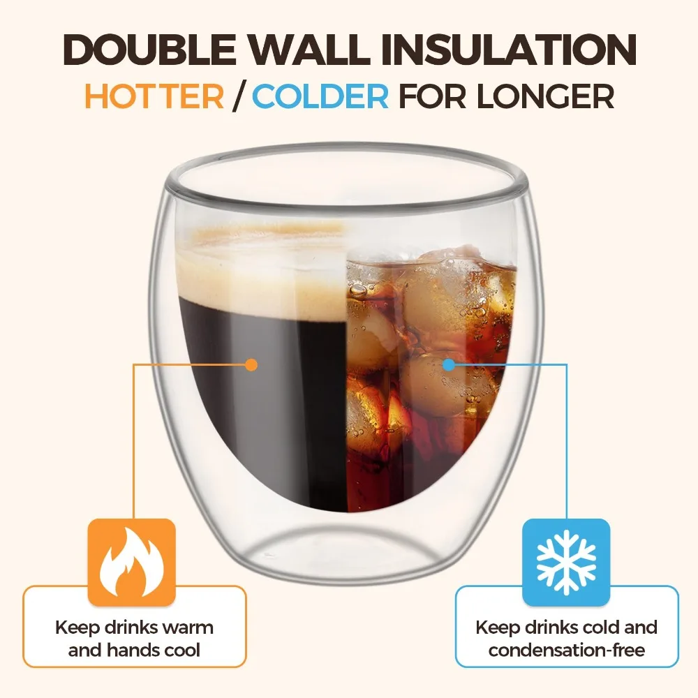 80/250/450ml Double-Wall Insulated Clear Glass Espresso Cups Perfect for Tea, Coffee, Latte, Cafe, Milk, Restaurant Use thumbnail 2
