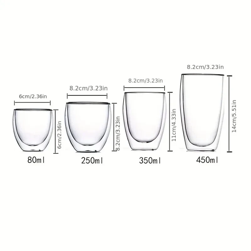 80/250/450ml Double-Wall Insulated Clear Glass Espresso Cups Perfect for Tea, Coffee, Latte, Cafe, Milk, Restaurant Use thumbnail 6