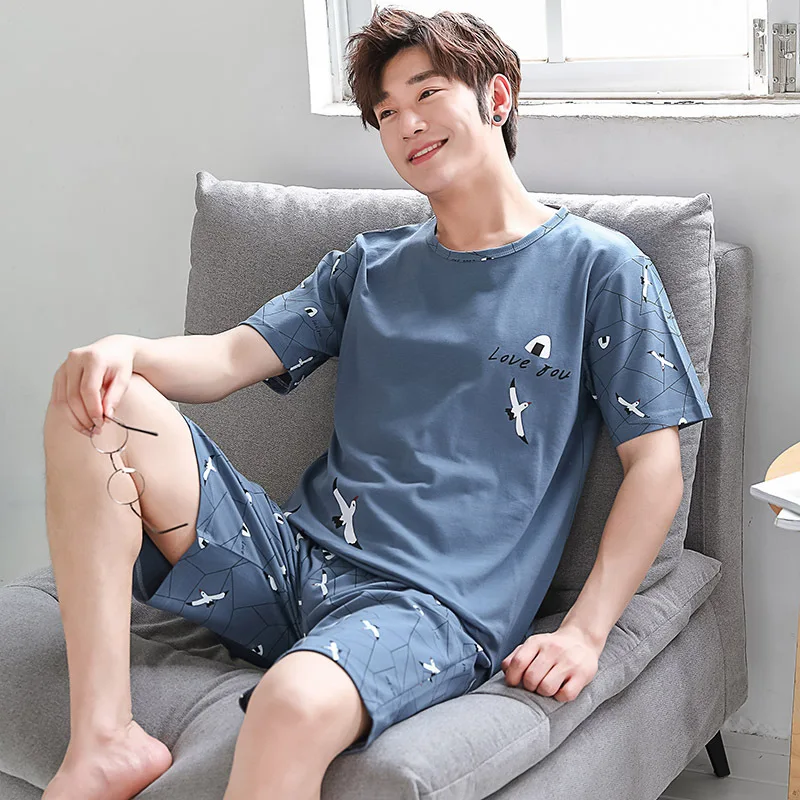 Men Pajamas Short-Sleeved Teenagers Loose Large Size Casual Homewear Grey Plaid Pullover Easy to Clean Cartoon Sleepwear thumbnail 6