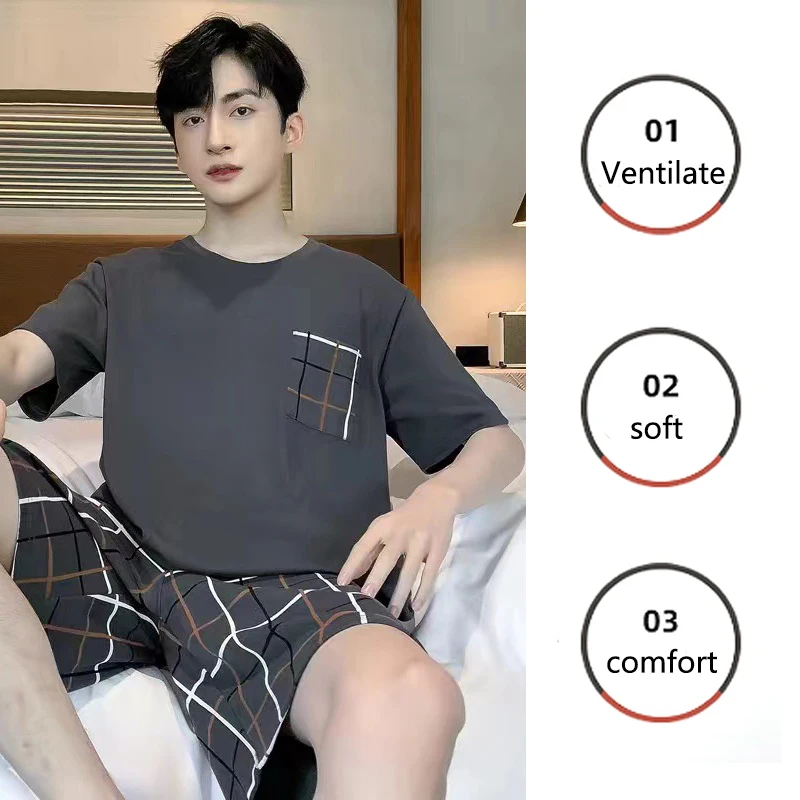 Men Pajamas Short-Sleeved Teenagers Loose Large Size Casual Homewear Grey Plaid Pullover Easy to Clean Cartoon Sleepwear thumbnail 4
