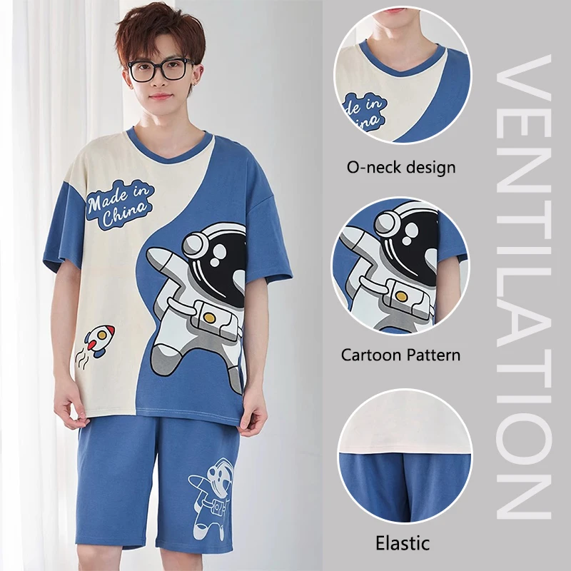 Men Pajamas Short-Sleeved Teenagers Loose Large Size Casual Homewear Grey Plaid Pullover Easy to Clean Cartoon Sleepwear thumbnail 2