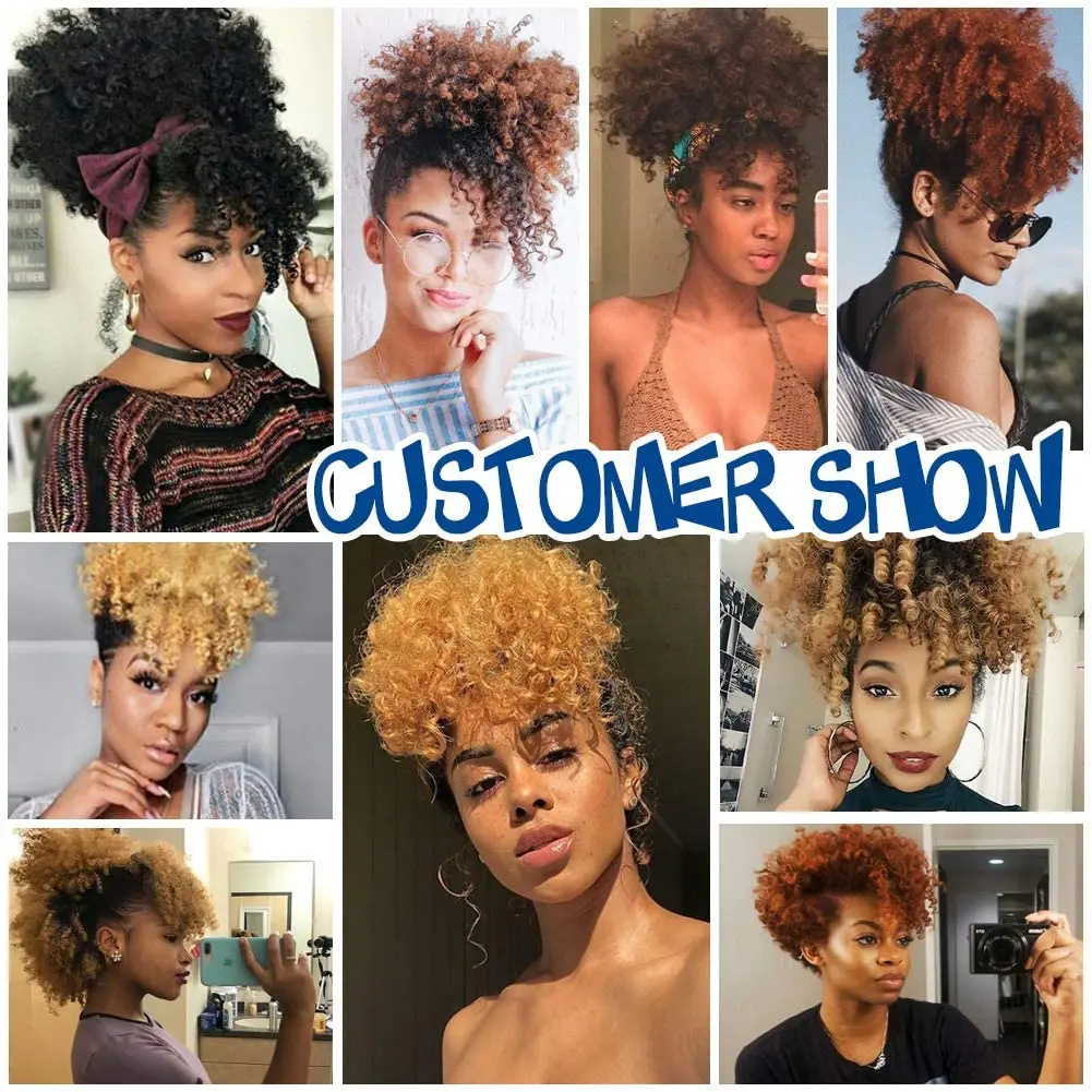Afro Puff Kinky Curly Hair Updo Ponytail Extension with Bangs Drawstring Ponytail for Women Black, Synthetic Hair Ponytail thumbnail 6