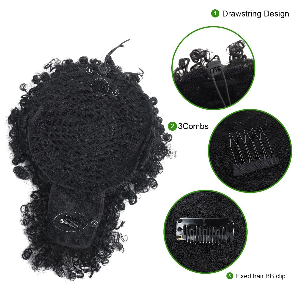 Afro Puff Kinky Curly Hair Updo Ponytail Extension with Bangs Drawstring Ponytail for Women Black, Synthetic Hair Ponytail thumbnail 4