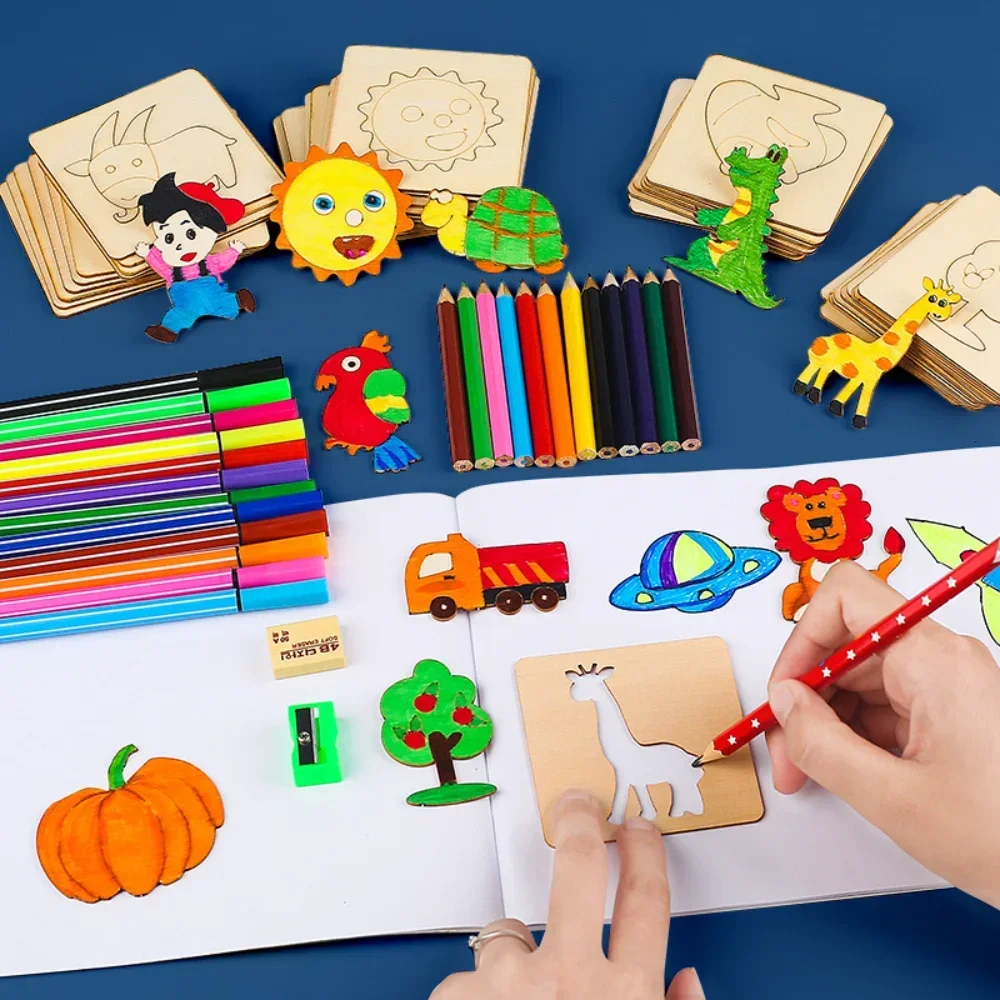 42/48/40pcs Wooden DIY Drawing Template Templates With Markes, Children's Drawing Template Drawing Tool Set thumbnail 2
