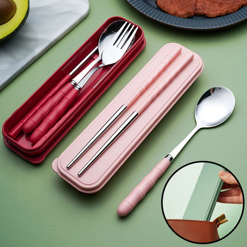 3pcs Portable Dinnerware Kit Spoon Fork Chopstick Set Travel Flatware With Box Set Stainless Steel Travelling Dinnerware Set thumbnail 2