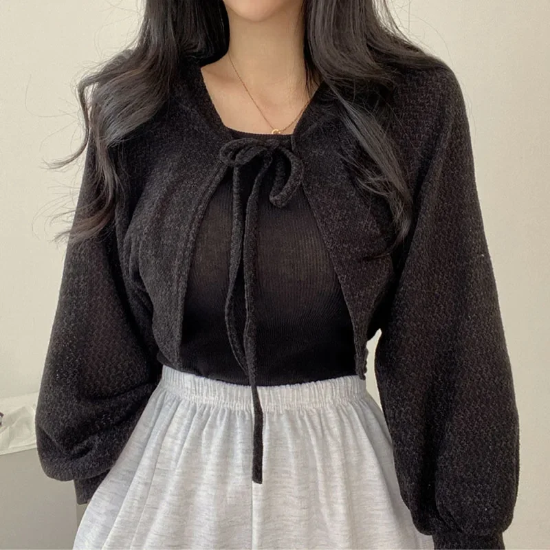 White Knitted Cardigan for Women Summer Thin Sunscreen Lace-Up Knitwear Tops Female Fashion Korean Lantern Sleeve Short Coat thumbnail 6