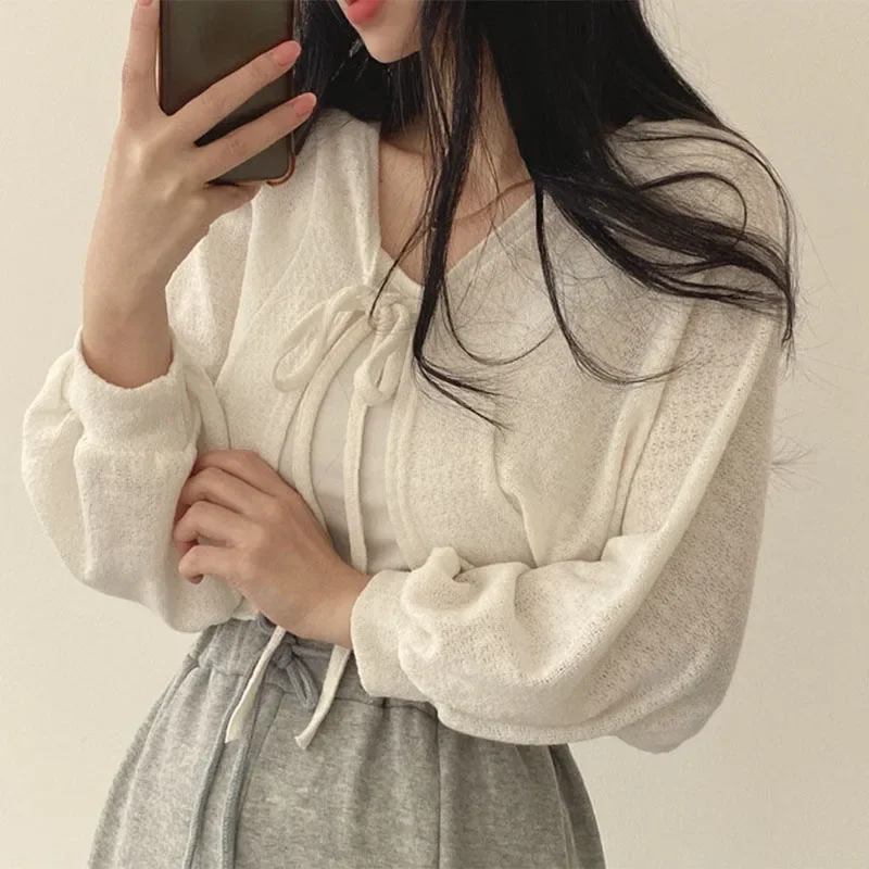 White Knitted Cardigan for Women Summer Thin Sunscreen Lace-Up Knitwear Tops Female Fashion Korean Lantern Sleeve Short Coat thumbnail 2