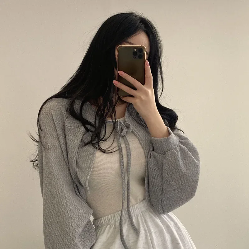 White Knitted Cardigan for Women Summer Thin Sunscreen Lace-Up Knitwear Tops Female Fashion Korean Lantern Sleeve Short Coat thumbnail 3