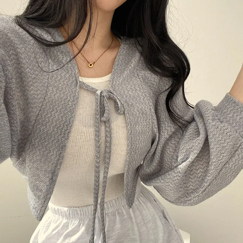 White Knitted Cardigan for Women Summer Thin Sunscreen Lace-Up Knitwear Tops Female Fashion Korean Lantern Sleeve Short Coat thumbnail 5