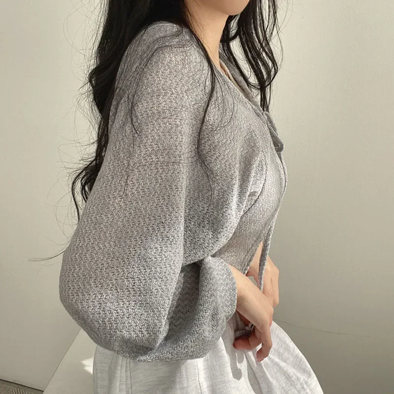 White Knitted Cardigan for Women Summer Thin Sunscreen Lace-Up Knitwear Tops Female Fashion Korean Lantern Sleeve Short Coat thumbnail 4