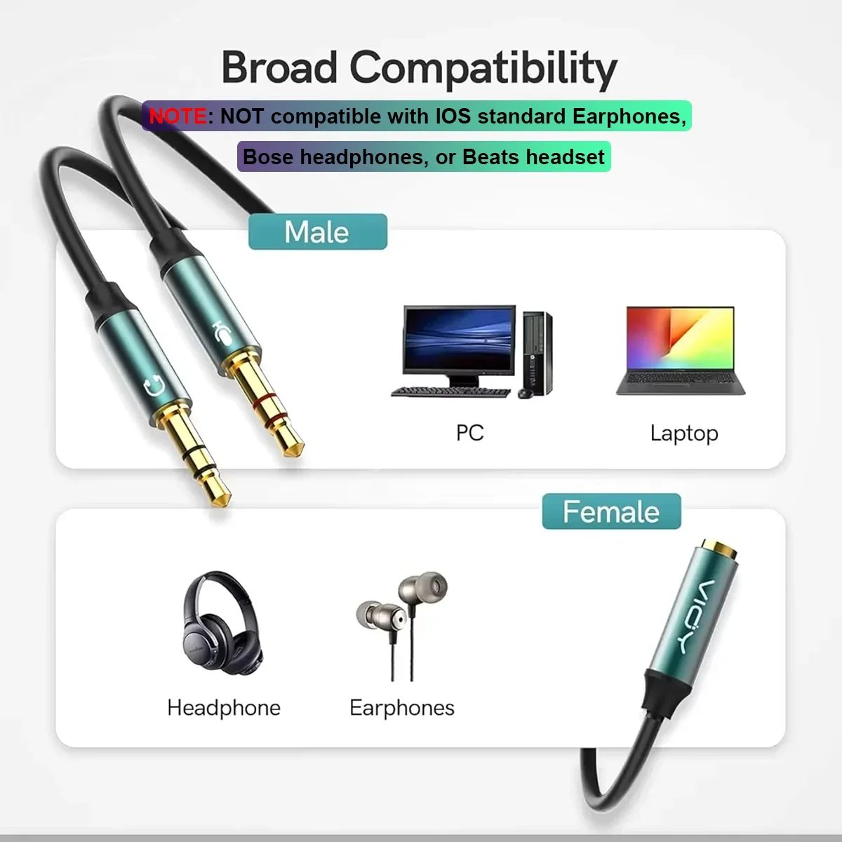 Headphone Splitter for Computer Jack 3.5mm Female TRRS To 2 Male TRS Audio Adapter Cables for Gaming Headset PC Phone Laptop Etc thumbnail 3