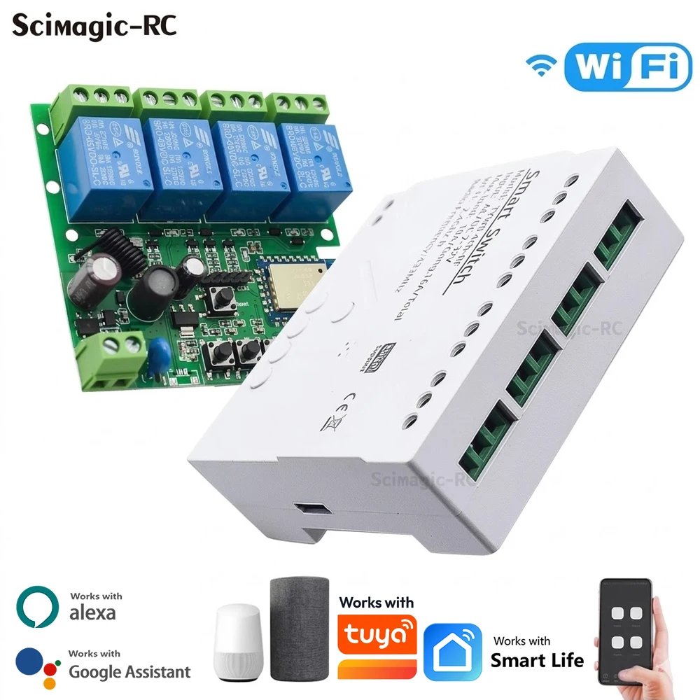 4CH Wifi Relay Smart Wireless Switch Module 4 Channel 7-32V 85-250V 220V 110V 2200W RF433 4 Way Receiver Works with Tuya Alexa