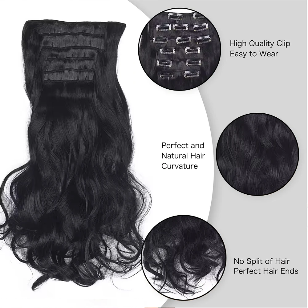 Synthetic 6Pcs Clip In Hair Extensions Thick Curly Clip In Hair Extensions Double Weft Wavy Hairpieces Full Head thumbnail 2