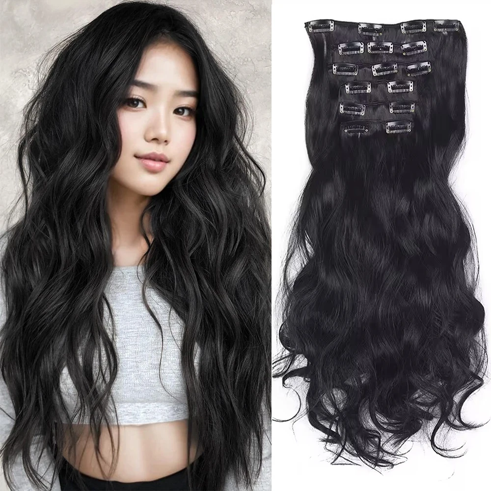 Synthetic 6Pcs Clip In Hair Extensions Thick Curly Clip In Hair Extensions Double Weft Wavy Hairpieces Full Head