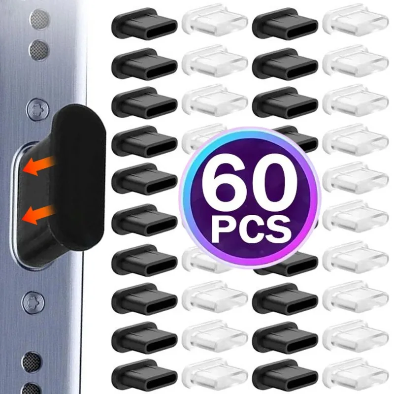 60-1Pcs Type-C Dust Plugs Silicone Anti-dust Plug Cover Cap Charging Port Protector for iPhone 15 Pro Max 15 Plus Samsung Xiaomi
