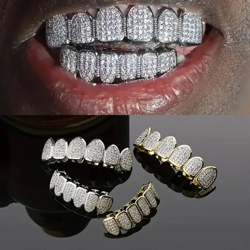 HipHop CZ Teeth Set For Unisex Top Bottom Mouth Gold Silver Color Teeth Tooth Cap Removable Dental Fashion Jewelry thumbnail 2