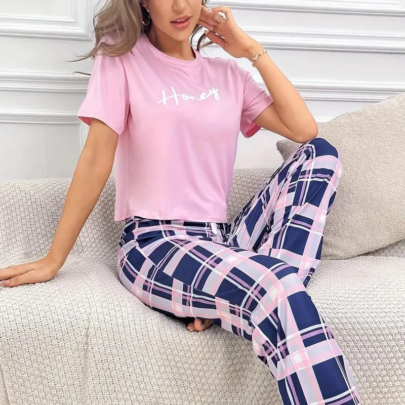 Women's Pajamas Set Casual Home Clothes Soft Comfortable Crew Neck T-Shirt & Plaid Pants Sleepwear Piece Loungewear Pyjama Femme thumbnail 4