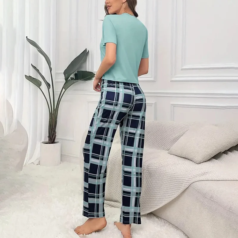 Women's Pajamas Set Casual Home Clothes Soft Comfortable Crew Neck T-Shirt & Plaid Pants Sleepwear Piece Loungewear Pyjama Femme thumbnail 2