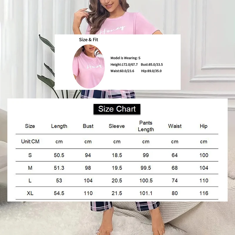 Women's Pajamas Set Casual Home Clothes Soft Comfortable Crew Neck T-Shirt & Plaid Pants Sleepwear Piece Loungewear Pyjama Femme thumbnail 6