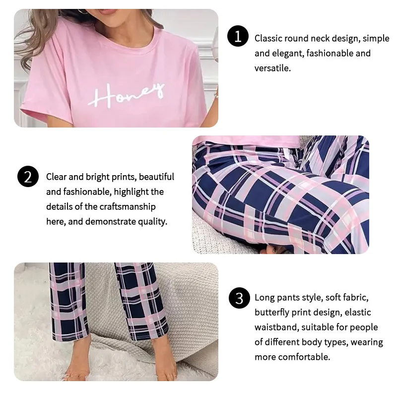 Women's Pajamas Set Casual Home Clothes Soft Comfortable Crew Neck T-Shirt & Plaid Pants Sleepwear Piece Loungewear Pyjama Femme thumbnail 5