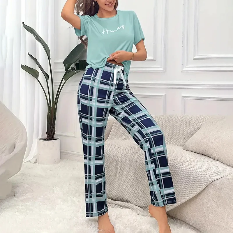 Women's Pajamas Set Casual Home Clothes Soft Comfortable Crew Neck T-Shirt & Plaid Pants Sleepwear Piece Loungewear Pyjama Femme thumbnail 3