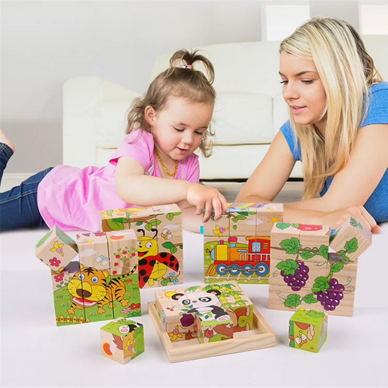 Baby Wooden Blocks Toys Children Six Side Cube Jigsaw Puzzles Game Animal Fruit Traffic Cognize Early Learning Educational Toys thumbnail 3